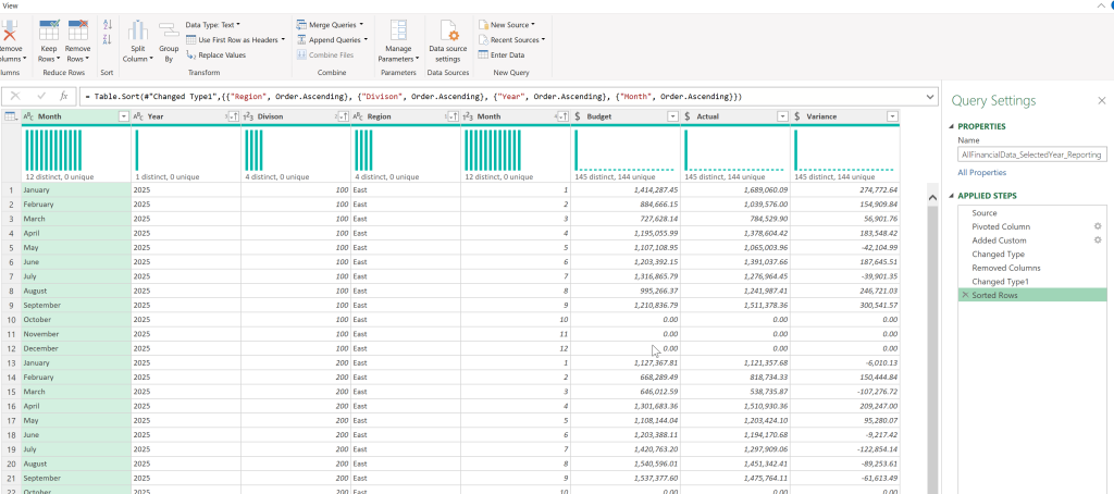 Image of Power Query doing Variance calculation.