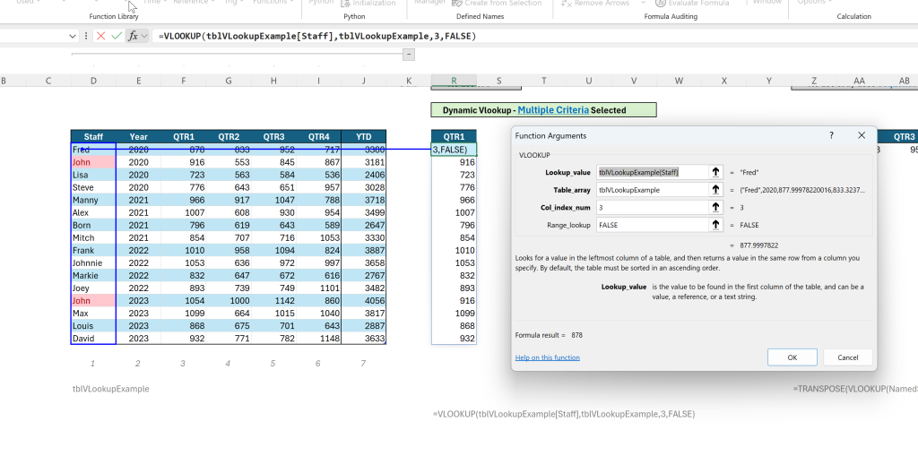 Image of Excel Table and functions