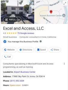 Picture of Excel and Access, LLC Irvine Office.