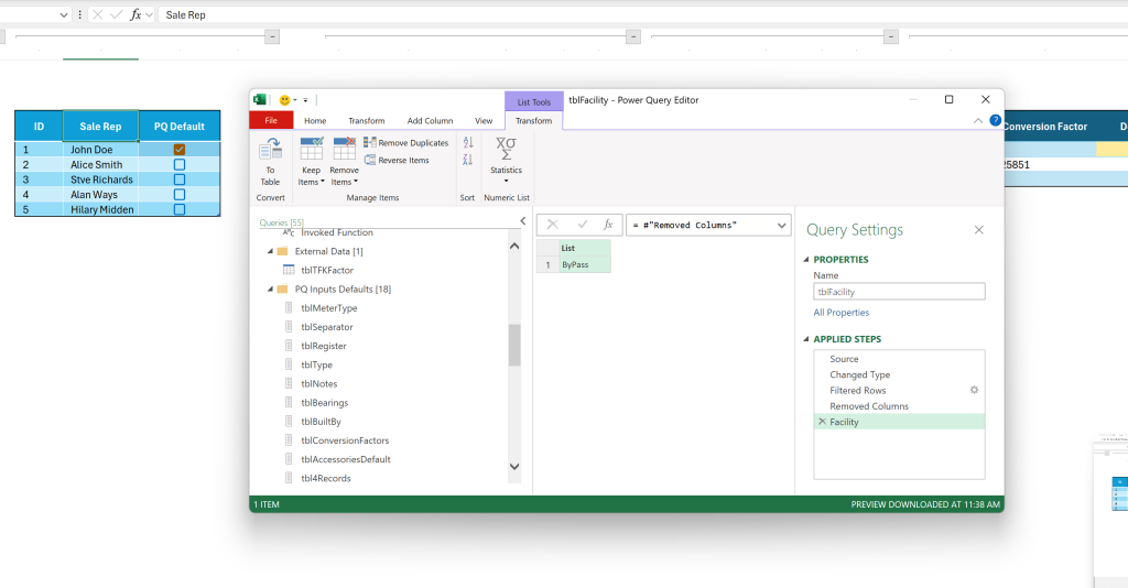 Image of Power Query, in Excel, showing how to load defaults, from an Excel Table, un into Power Query.