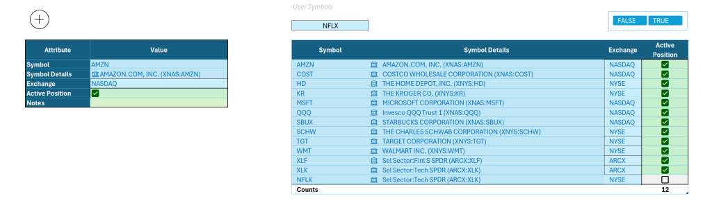 Image of two Excel Tables, one used as a Form. The other used as the Transaction Data Table.