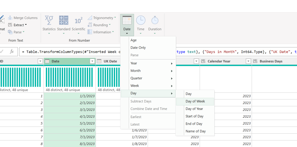 Image of Power Query adding new columns, based on a date column.