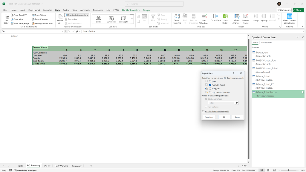 Image of Power Query output being sent directly to a Pivot Table.