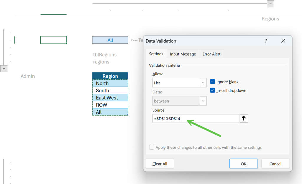 Image of Data Validation being applied.