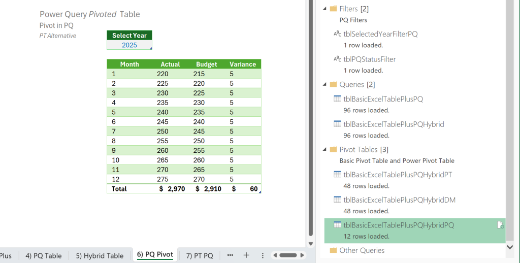 Excel Table filtered using a Data Validation selection passed to Power Query.