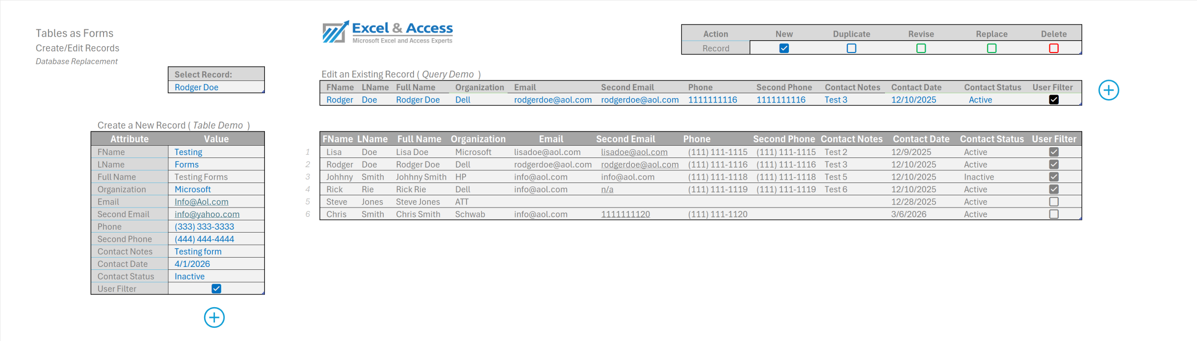 Image of several Excel Tables and one Power Query Table, used as Data Forms.