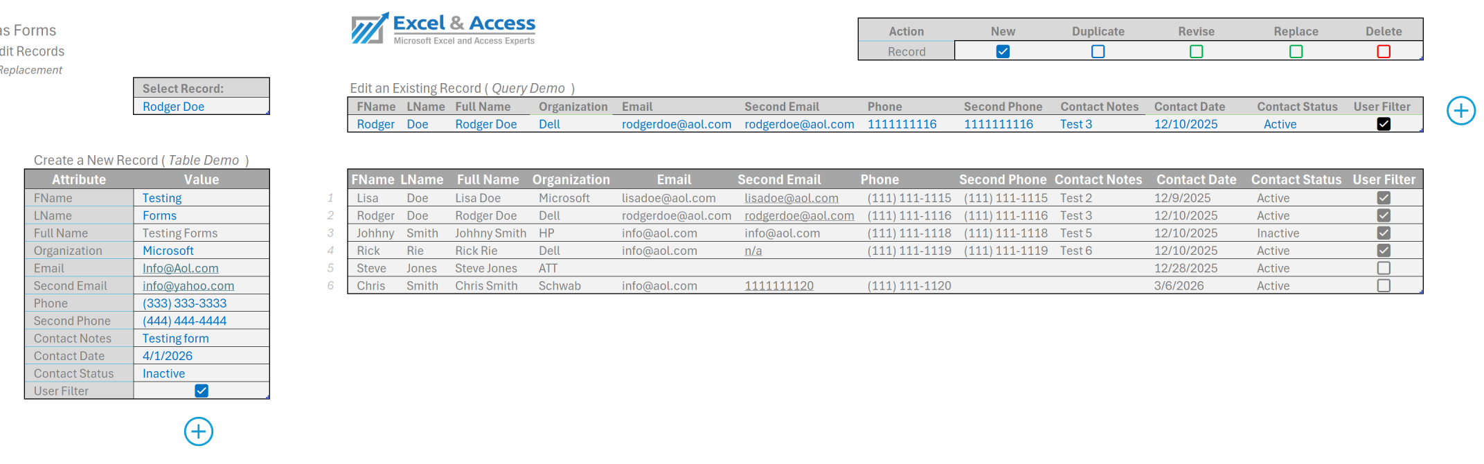 Image of several Excel Tables and one Power Query Table, used as Data Forms.