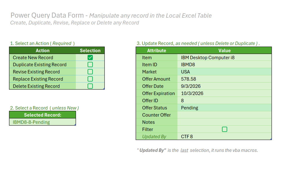 Power Query worksheet table used as a data-entry and data-manipulation form.