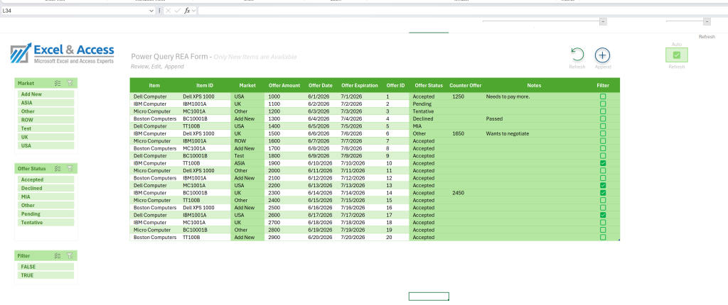 Image of Power Query Table used as a Review, Edit and Append Form. ( aka REA Form )