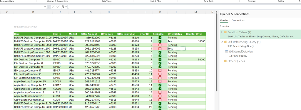 Image of a self-referencing query loaded as a Table to a Sheet.