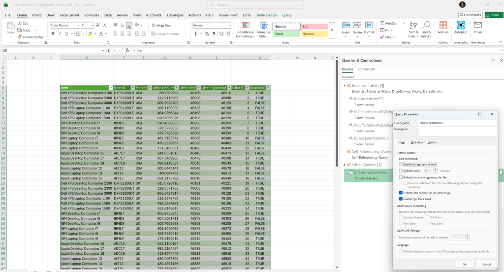 Image of a Query loaded as a Table to a Sheet.
