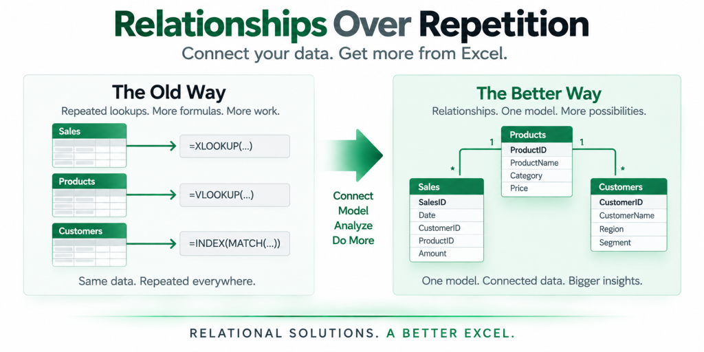 Excel Data Model relationships connect Sales, Products and Customers instead of repeating lookups and formulas across the workbook.